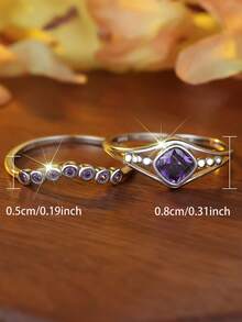 1 Set S925 Sterling Silver Square CZ Wedding Rings, Unisex Rings, Inlaid Purple Cubic Zirconia, Geometric Stackable Couple Jewelry - Multicolor - View 4