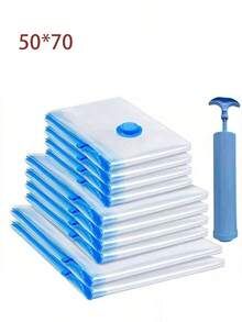 6 件重型真空储物袋套装（带手动泵） - 大/中/小压缩袋，透明顶部和黑色底部，厚塑料材质，多用途，适用于旅行、搬家、季节性存储 - 节省空间的行李整理器，防皱衣物和床上用品存储，耐用便携（适用于搬家、旅行、家庭整理） - 包括 6 个大袋、6 个中袋、6 个小袋 - 彩色 - 查看 12