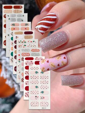 8件套圣诞雪花、圣诞树、驯鹿、渐变色、闪光条纹美甲贴纸，全覆盖式美甲贴花，适合女性DIY美甲