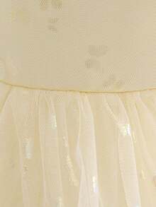 女婴蝴蝶印花薄纱缎面泡泡袖荷叶边连衣裙，优雅精致的花童礼服，适合生日派对，不含头饰 - 香檳色 - 查看 7