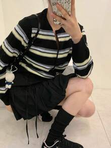 Korean Ins Fashion Versatile Long Sleeve Slim Fit Knit Cardigan T-Shirt - Black - View 2