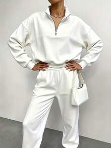 Women's Fleece-Lined Two-Piece Tracksuit - Loose Fit Autumn Casual Wear, Comfortable Sporty And Relaxed Style, Suitable For Loungewear (Multiple Colors) - trắng - Xem 3