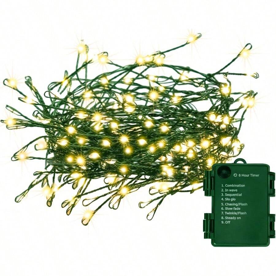 Battery Operated Christmas Cluster Lights 20FT 200 Micro LED Fairy Lights With 8 Modes And Auto Timer Green Copper Wire For Indoor Outdoor Christmas Tree Wreath Garland Garden Party Warm White - 暖白 - 查看 1