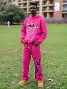 NEW Hip Hop Spider Hoodies Set Y2k Hoodie ,Tracksuit Pullover Sweatshirt And Trousers For Men Or Women Matching Hoodies For Couples Casual Unisex - 粉色 - 查看 2