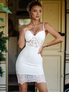 性感优雅的V领白色蕾丝透视绷带迷你连衣裙，适合外出、婚礼、晚宴、鸡尾酒会等场合，女士连衣裙 - 白色 - 查看 1