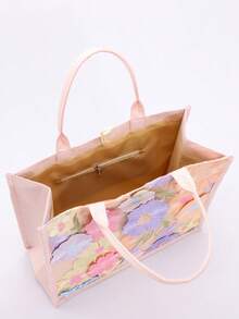 1pc Colorful Sequin Mesh Patchwork Linen Tote Bag, Fashion Floral & Leaf Embroidery Design, Large Capacity Square Shoulder Bag, Casual Beach Vacation Shopping Bag (Floral Pattern Randomly Distributed), Beach Bags, Summer Outfits - Pink - View 9