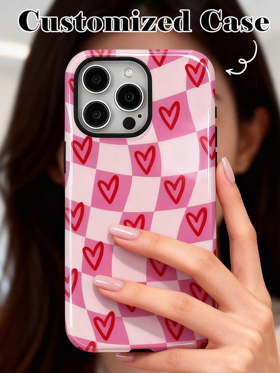 1pc Customized Retro Girly Plaid Heart Color Phone Case, 2-In-1 Glossy Film Hard Shell Full Coverage Protective Phone Case Compatible With Iphone 11/12/13/14/15/16 17 Pro Max,International Version, Not The Domestic Version - Multicolor - View 1