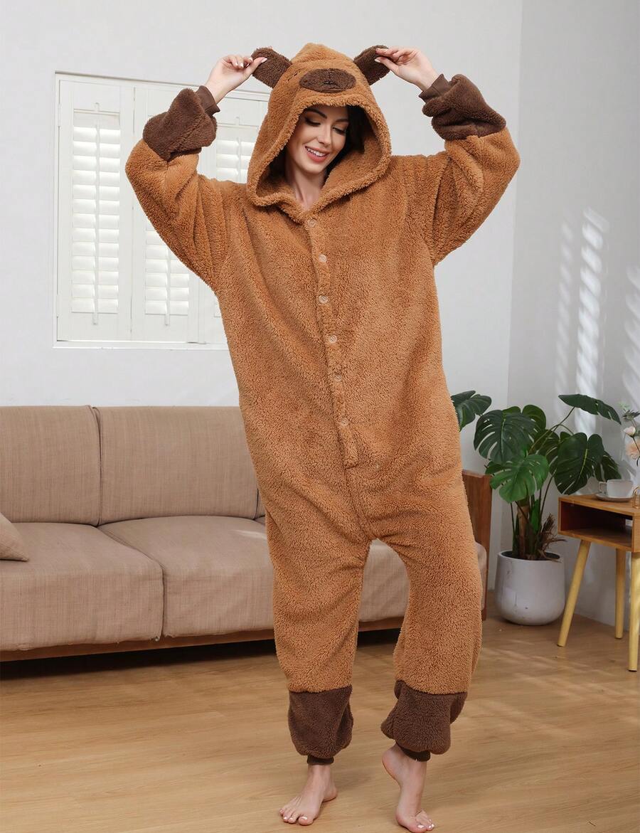 Cute Unisex Fleece Adult Capybara Costume Pajamas, Button Plush Animal One Piece Sleepwear Loungewear - Chuột lang nước - Xem 1