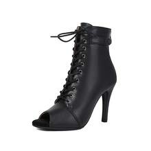 Botas femininas de salto alto de 9,5 cm para dança jazz/moderna, bico aberto, cadarço, zíper traseiro, sola listrada, salto fino, adequadas para festas e bailes. Disponíveis em preto e marrom, adequadas para todas as estações. - Preto fosco - Ver 9