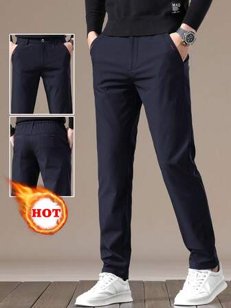 Men's Solid Color Fleece Lined Relaxed Fit Casual Pants, Suitable For Spring/Autumn/Winter