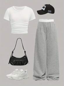 Kpop Girls Outfit Sets: White Crop Top & Gray Wide-Leg Pants - Teen Girl Clothes, Fall Outfits For Girls,  Christmas Gifts For Kids - 白色 - 查看 9