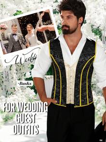Mens Corset Vest, Victorian Floral Lace Up Waistcoat, Formal Sleeveless Steampunk Tops, Satin Style, Vintage Fashion, Gothic Appeal - 黑色勃根地花卉 - 查看 9