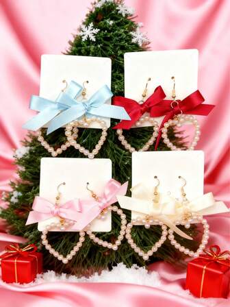 1 Pair Fashionable Cute Bow & Heart Earrings, Suitable For Women, Jewelry Gift For Friends And Family