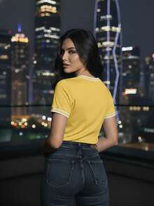 Women's Short-Sleeve Ribbed Blouse, Plain, Round Neck With Collar And Sleeve Details, Elegant Basic Style - Yellow - View 4