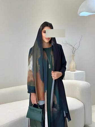 Elegante Estilo de Pintura em Aquarela Europeu, Americano, Turco, Véu Hijab, Cobertura de Manga Longa, Robe, Abaya de Mulheres do Oriente Médio