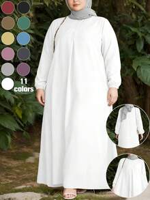Vestido de manga larga de estilo árabe de talla grande, diseño de cuello redondo con bolsillos prácticos, blanco primaveral - Blanco - Ver 1
