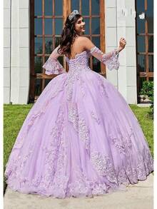 Women's Sweetheart Quinceanera Dresses Lace Appliques B Gown With Detachable Long Sleeve - Blush - 查看 3
