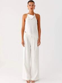 White Wide Leg Pants With Pleated Front And Draping Effect