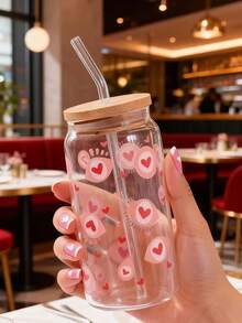 1pc 16oz Transparent Coffee Cup, Made Of High Borosilicate Glass With Cartoon Star, Moon, Heart, Angel Eye Design, Comes With Bamboo Lid And Straw, Large Capacity Outdoor Travel Beverage/Juice Cup, Suitable For Autumn And Winter, Valentine's Day Birthday/Holiday Party Gift, Christmas Gift Glass Water Bottle