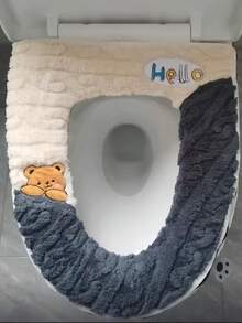 Thickened Plush Toilet Seat Cover, Washable, Warm And Soft Universal Toilet Seat Cover, Checkerboard Rabbit Ear / Cute Raccoon Toilet Sticker - Multicolor - View 13