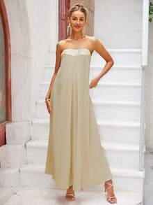 Joyfunear Pregnant Women's Sequin Patchwork Backless Tube Wide Leg Jumpsuit - Khaki - View 3