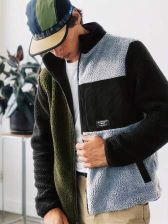 4-Color Patchwork Plush Jacket For Men, Winter Zip-Up Corduroy Sleeve Design Knit Cardigan, Casual Warm Outerwear, Versatile Daily Wear, Gift For Men