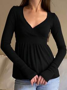 Women's Y2k Babydoll Tops Ribbed Long Sleeve Casual Shirts Cross V Neck Lace Trim Peplum Blouse Fairy Grunge Teen Girls Vintage Streetwear - 黑色 - 查看 2