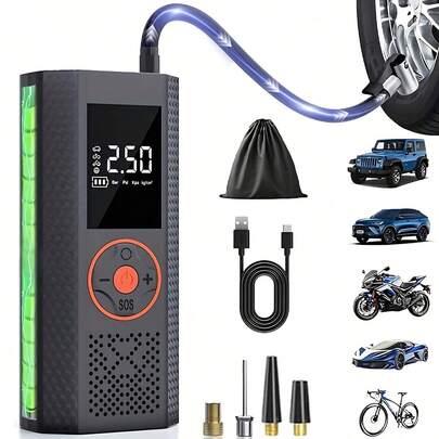 Inflador de neumáticos para automóviles Multifuncional Compresor de aire portátil con manómetro digital y batería externa - Accesorios para automóviles. Doble fuente de alimentación (batería + cable de CC para automóvil) Bomba de neumáticos inalámbrica de mano para automóviles de 150 PSI con luz LED 7.4V 2000mAh Batería de ión de litio Bomba de aire inteligente Accesorios automotrices esenciales para automóviles/motocicletas/bicicletas/balones Regalo perfecto