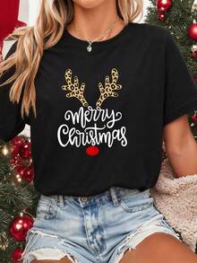 Camiseta casual de manga corta con estampado para mujer, una camiseta básica de cuello redondo, adecuada para usar todos los días en primavera y verano. - Negro - Ver 1
