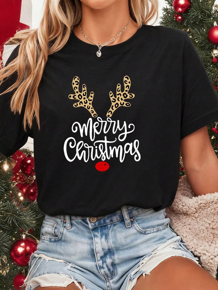 Camiseta casual de manga corta con estampado para mujer, una camiseta básica de cuello redondo, adecuada para usar todos los días en primavera y verano. - Negro - Ver 1