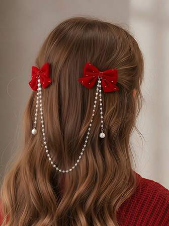 1件装女士时尚优雅红色水晶蝴蝶结珍珠链蝴蝶发夹，适合日常佩戴、新年、情人节、派对、聚会、外出等场合。