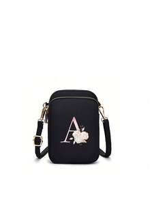 1pc Fashion Elegant Minimalist A-Z Letter & Floral Pattern Nylon Zipper Closure Mini Crossbody Bag. Vertical Design With Coin Purse And Phone Pocket. Suitable For Daily Use Or Student Gift - Black - View 8