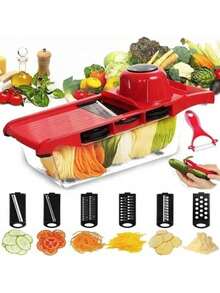 六合一蔬菜切片器和切丁器，带钢刀片，可切片、削皮、削胡萝卜、刨丝、切丁，厨房配件