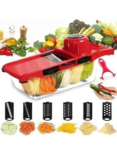 六合一蔬菜切片器和切丁器，带钢刀片，可切片、削皮、削胡萝卜、刨丝、切丁，厨房配件