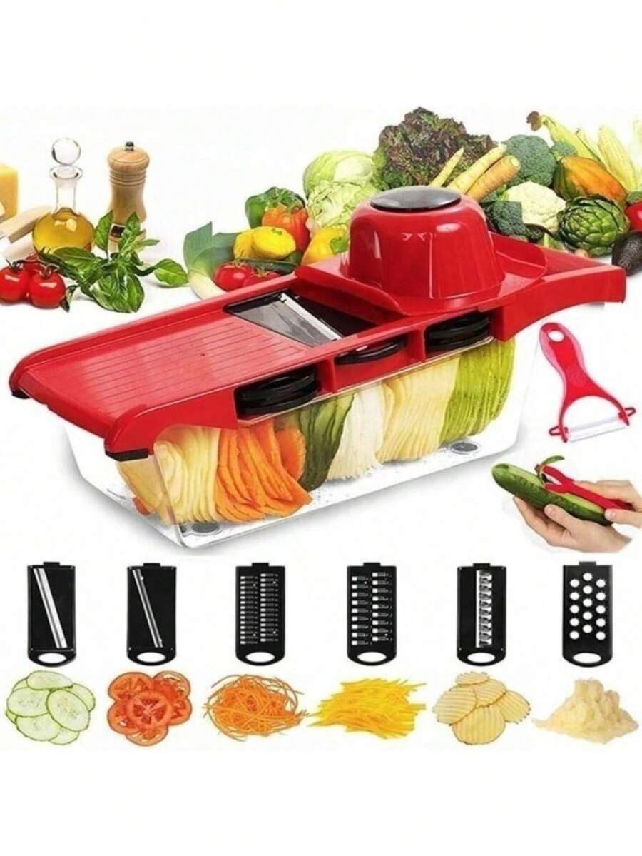 六合一蔬菜切片器和切丁器，带钢刀片，可切片、削皮、削胡萝卜、刨丝、切丁，厨房配件