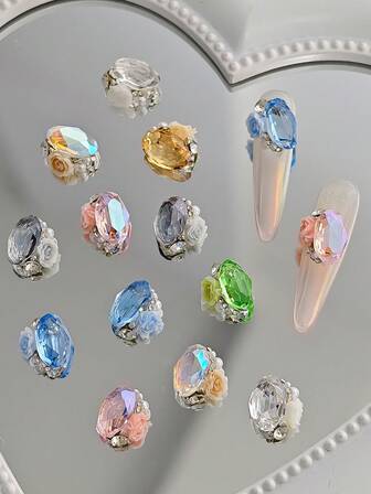 Paquete de 10 decoraciones de arte de uñas con forma de camelia, perla y rosa de cristal de estilo japonés con strass de aleación y adornos metálicos 3D, dijes y gemas para uñas, suministros de manicura