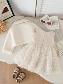 Baby Girls' Cute Solid Color Faux Fur Collar Long Sleeve Single-Breasted Cardigan Paired With Solid Color Round Neck Sleeveless Bow A-Line Mesh Floral Dress With Back Zipper, 2-Piece Fashion Warm Outfit For Toddler Girls, Suitable For Daily, Party, Outing In Autumn/Winter - Apricot - View 2