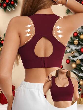 1 pieza Sujetador deportivo sin costuras con espalda abierta, ropa exterior elástica de unicolor para lencería de mujer