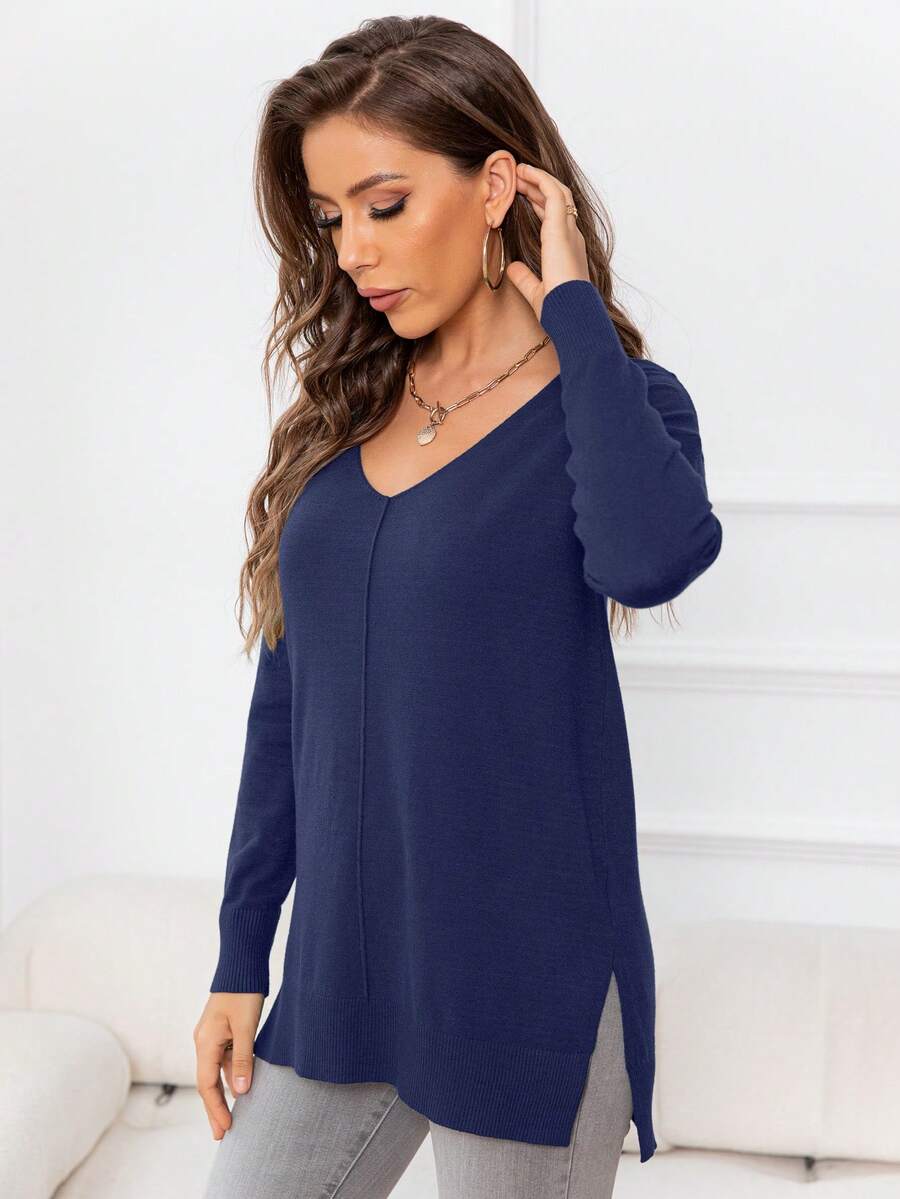DEARCASE Women's Solid Color Long Sleeve V-Neck Loose Casual Pullover Sweater With Side Slit Hem, Autumn/Winter - Navy Blue - View 1