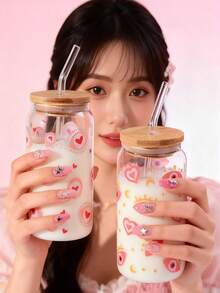 1pc 16oz Transparent Coffee Cup, Made Of High Borosilicate Glass With Cartoon Star, Moon, Heart, Angel Eye Design, Comes With Bamboo Lid And Straw, Large Capacity Outdoor Travel Beverage/Juice Cup, Suitable For Autumn And Winter, Valentine's Day Birthday/Holiday Party Gift, Christmas Gift Glass Water Bottle