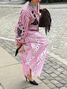 1 pieza Camisa suelta y cómoda con diseño de estampado de colocación elegante y casual para mujer, estilo bohemio de bloques de color a rayas para uso diario, ir al trabajo, brunch, festivales de música, primavera/otoño - Rosa - Ver 5