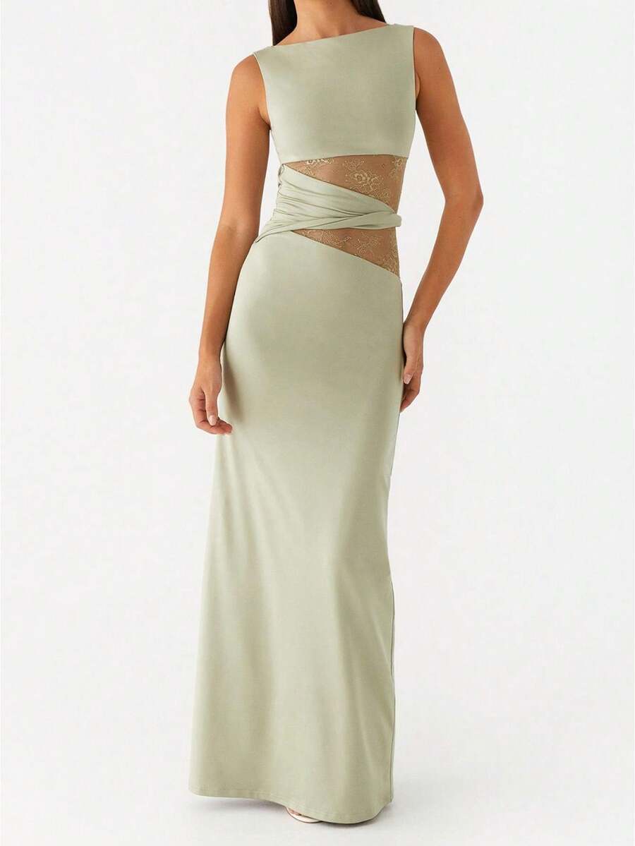 Women Long Dress Lace Patchwork Sleeveless Dress Summer Casual Fashion Bodycon Dress - 綠色 - 查看 1