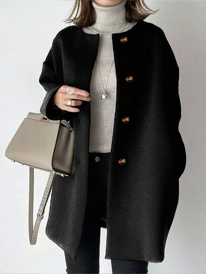 大码中长款羊毛大衣，前襟纽扣，圆领长袖，纯色羊毛大衣，秋冬畅销款