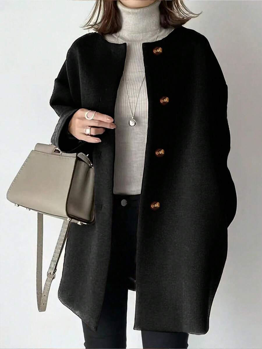 Plus Size Mid-Length Coat, Front Button Closure, Round Neck Long Sleeve, Solid Color Woolen Coat, Autumn/Winter Bestseller