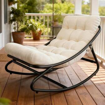 Metal Frame Patio Rocking Chair With Thick Waterproof Cushion Balcony White