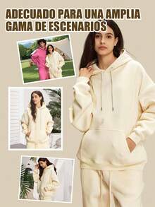 Sudadera con capucha de manga larga con cordón y estampado de letras y dibujos animados para mujer, para otoño/invierno, tops de manga larga - Caqui - Ver 10