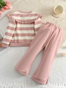 2件套幼儿女童休闲条纹翻领长袖上衣和纯色喇叭裤套装，春秋季 - 淺粉色 - 查看 2