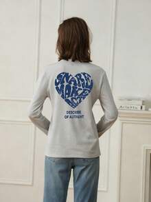 心形印花长袖圆领 T 恤，休闲宽松百搭女式上衣，秋季