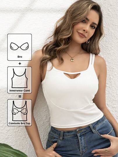 女士纯色针织罗纹双肩吊带小号背心，带胸罩罩杯，打底衫，吊带背心，内衣，个性化时尚辣妹镂空吊带美背短款罩杯外露连体衣，舒适透气高弹运动休闲瑜伽打底衫