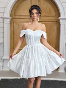 YUMIBRAVO Balletcore Off The Shoulder Wedding Dress Bride White Dresses For Women, Ball Gown Dress Short Prom Dress, Satin Wedding Dresses For Bride Birthday Women Outfits, Perfect For Classic Weddings, Graduation Dress, Party Dress